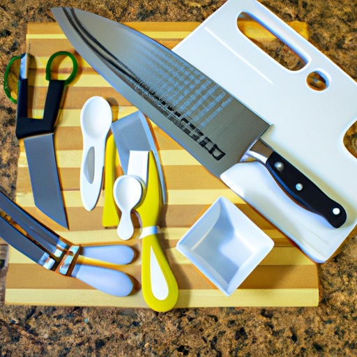 Essential kitchen utensils including a chef's knife, cutting board, and measuring cups