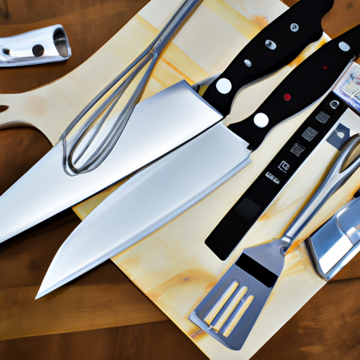 Various kitchen tools including a chef's knife, cutting board, and measuring spoons.