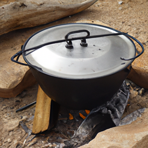 A Dutch oven placedon a campfire, ready for outdoor cooking adventures.