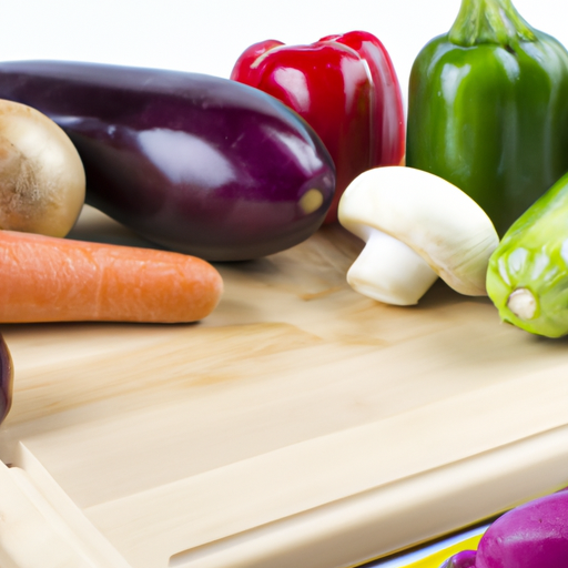 A wooden cutting board with various colorful vegetables.